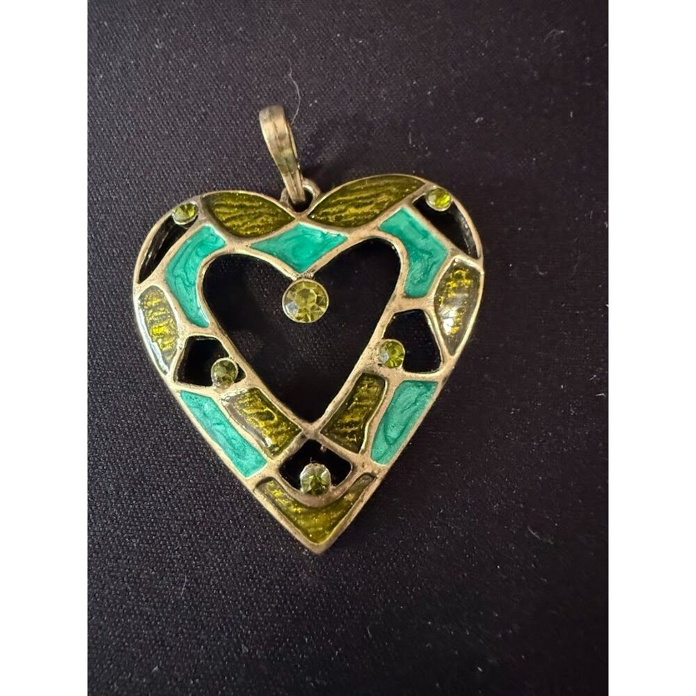 Vintage blue green enamel heart pendant